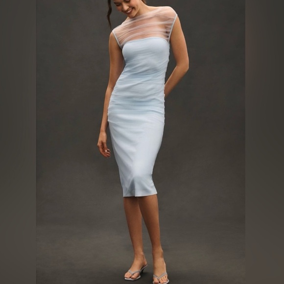 🟠NWT EN ELLY by ANTHROPOLOGIE Mesh Slim Midi Dress in Light Blue XL - Picture 2 of 6